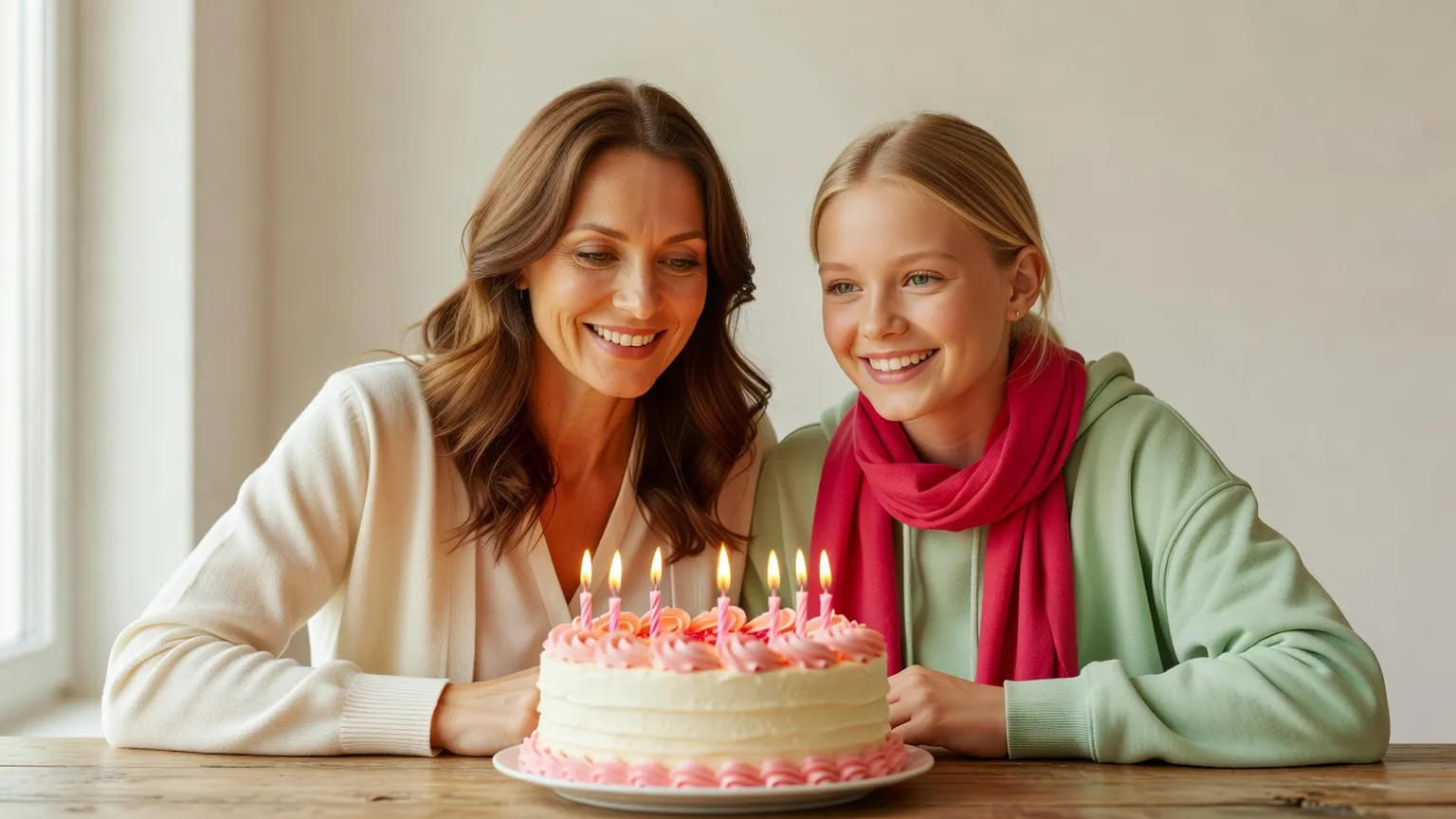 Une mère et sa fille sourient côte à côte devant un gâteau d'anniversaire