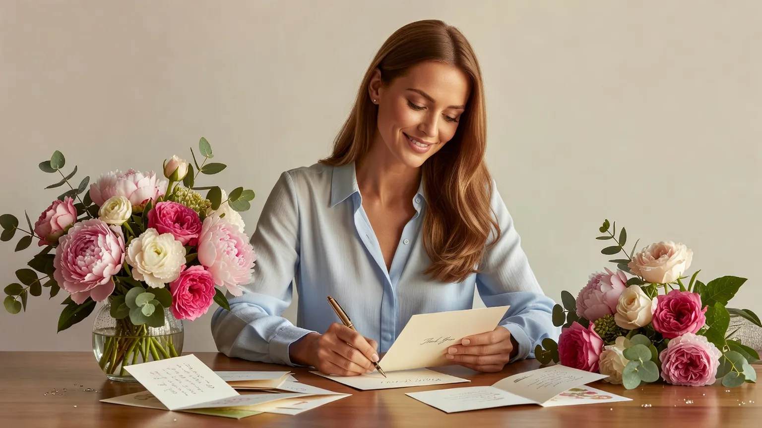 Une femme en blouse bleue écrit une carte de remerciement à son bureau, entourée de cartes d'anniversaire ouvertes et d'un bouquet de fleurs