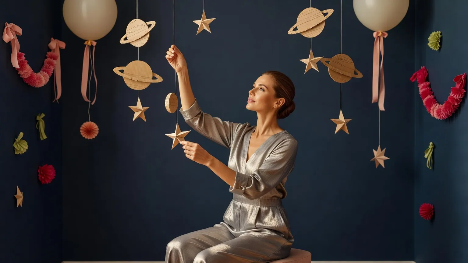 Une femme en tenue argentée accroche des planètes et des étoiles en carton sur un fond bleu nuit orné de ballons et de guirlandes