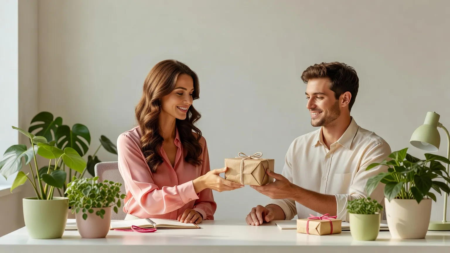 Une femme tend un petit cadeau en papier kraft à un collègue souriant, sur un bureau entouré de plantes